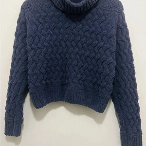 Kendall & Kylie Blue Cowl Turtleneck Sweater with Cable Knit Design